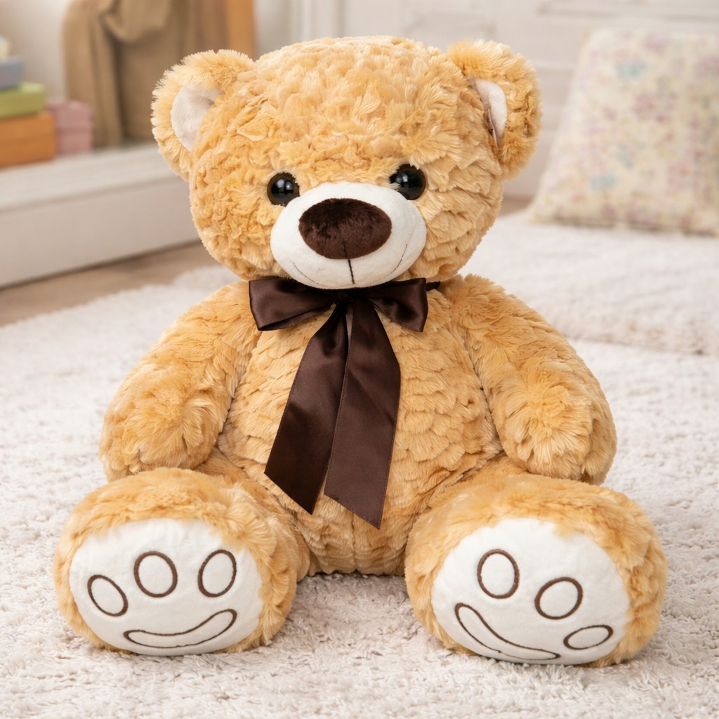 Aksamitny Miś Loczek z kokardą jasnobrązowy - 42cm