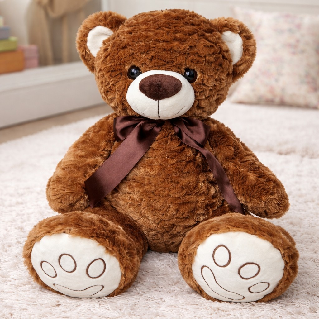 Aksamitny Miś Loczek z kokardą ciemnobrązowy - 42cm