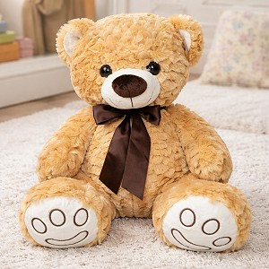 Aksamitny Miś Loczek z kokardą jasnobrązowy - 42cm