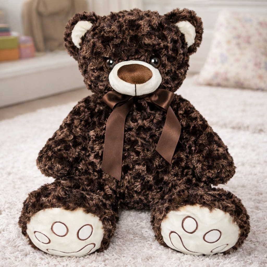 Aksamitny Miś Loczek z kokardą brunatny - 42cm